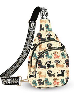 Unisex Beige Floral Sling Backpack Black Gold Imported Crossbody Bag